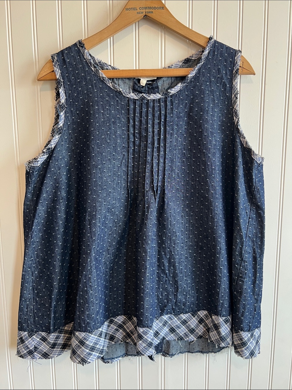 Mystree Blue Denim-Style Pintuck Tank with Plaid Trim